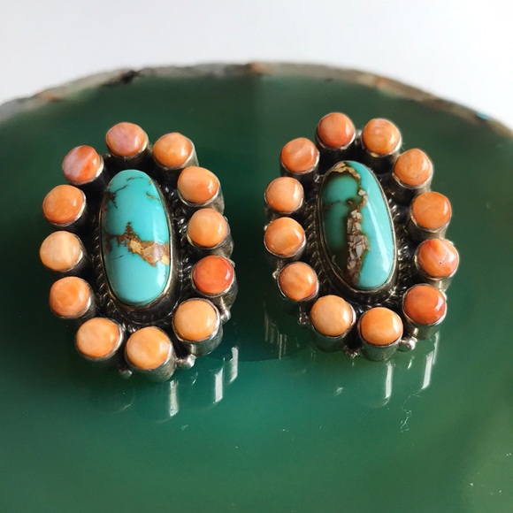 *SOLD* Native American Turquoise & Coral Earrings - Picture 6 of 6